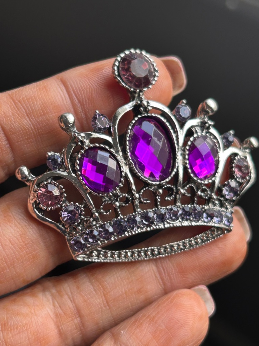 Purple Crystal Crown Brooch - Silver Tone Women’s Jewelry